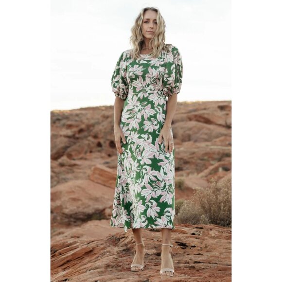 Baltic Born Tucson Midi Dress Floral Puff Sleeve Wedding Green Pink Small - Picture 6 of 16